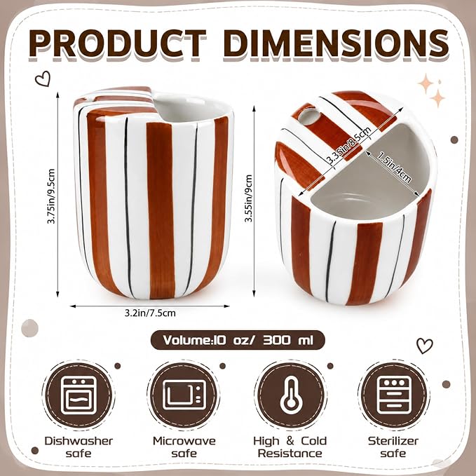 1 Pcs Ceramic Mug with Sip Hole 10 oz Novelty Brown Black Striped Coffee Mug Hand Painted Ceramic Cup Heat Resistant Non Slip Built in One Lid Handcraft Mugs for Coffee Lovers Gift