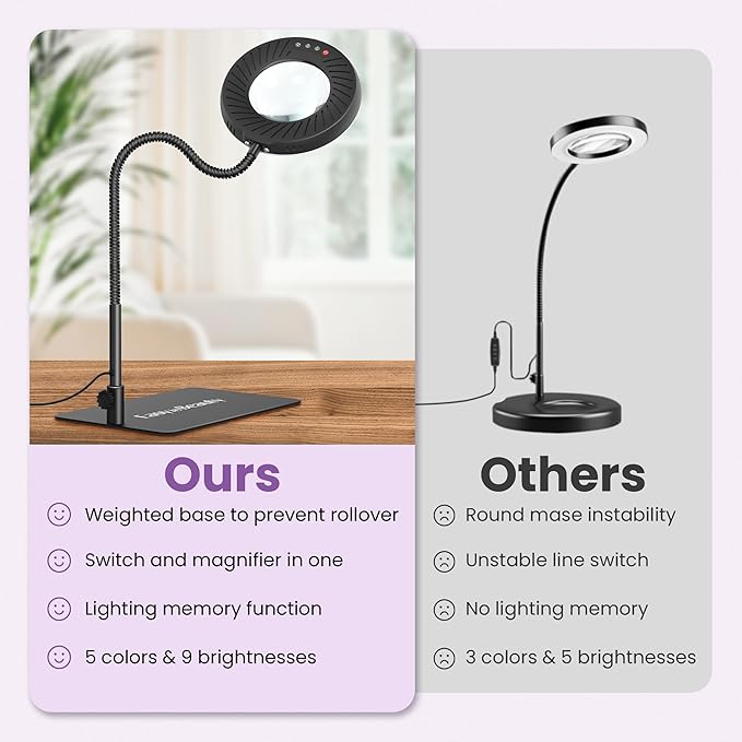EASYINBEAUTY 8X Magnifying Glass with Light and Stand, 5 Color Modes & 9-Level Dimmable, 2-in-1 LED Magnifying Desk Lamp with Clamp, Gooseneck Magnifying Light for Crafts Hands Free, Close Work, Read