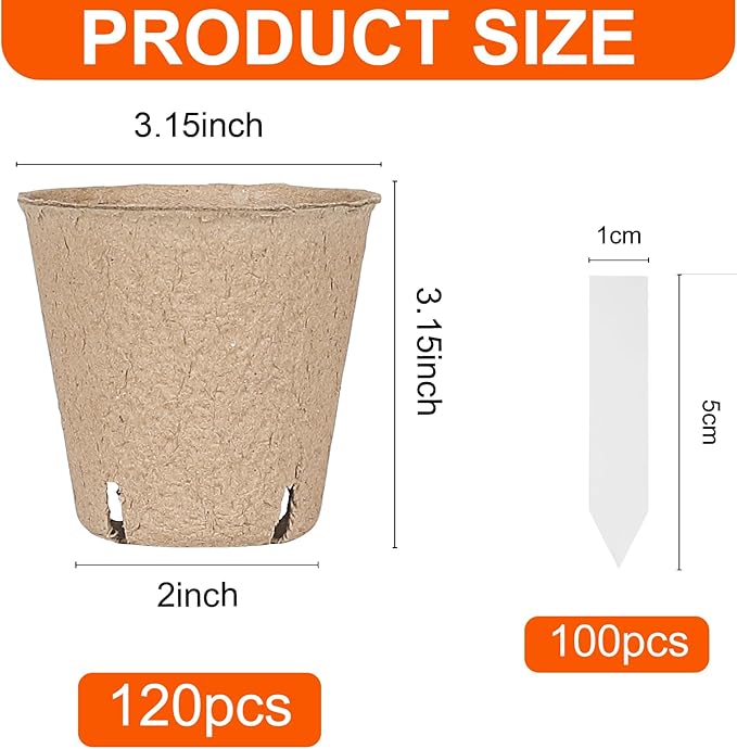 120 Packs 3.15 Inch Peat Pots,Biodegradable Pots for Seedlings with Drainage Holes, Garden Germination Nursery Pots with 100Pcs Plant Labels