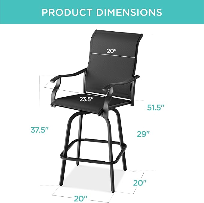 Best Choice Products Set of 2 Swivel Barstools, Bar Height Outdoor Chairs, 360 Rotating Patio Bar Stools w/All-Weather Mesh, 300lb Capacity - Black