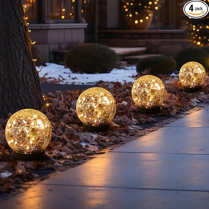 Solar Globe Lights Outdoor Waterproof-Solar Balls-Solar Garden Lights-Orbs for Outside 4 Pack Cracked Glass Ball for Lawn Patio Yard Backyard Decorations