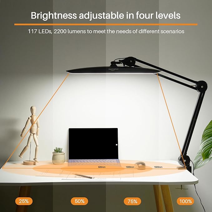 LED Desk Lamp with Clamp, Dimming Task Lamp for Reading Desktop Office Workbench Table Architect Sewing Study Home Craft, Bright 117PCS LEDs, 2200 Lumens 20 Inch Metal Swivel Arm Work Lamp