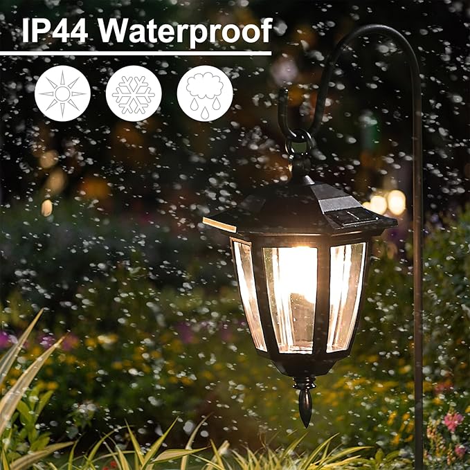 Dynaming 2 Pack Solar Hanging Lights Outdoor, Solar Powered Garden Decorative Lanterns with 2 x 38 Inch Shepherd Hooks, Waterproof Landscape Lighting for Lawn Patio Yard Pathway Driveway, Warm White