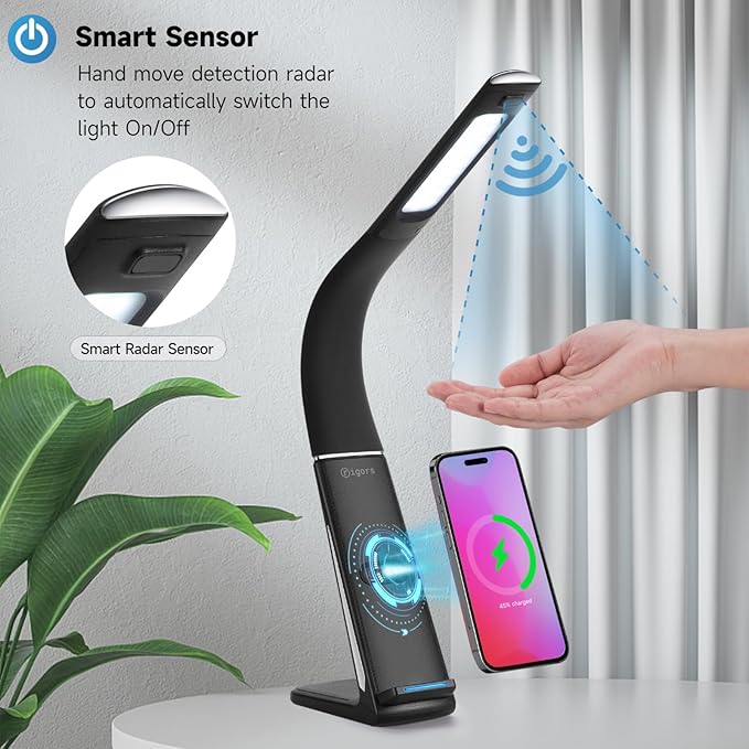 LED Desk Lamp with Wireless Charger, USB Charging Port, Stepless dimmable brightness, 3 Color Modes, Desk Lamps for Home Office, Table Lamp Eye Caring Reading Light, Gesture Control desk light