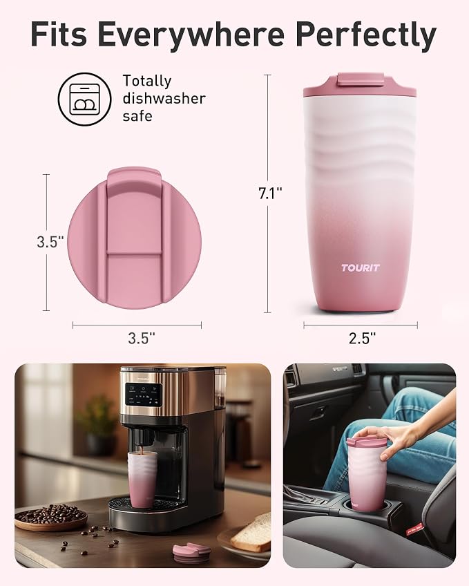 TOURIT 16 oz Travel Coffee Mug, Vacuum Insulated Stainless Steel Tumbler with Ripple-Wave Anti-Slip Grip, Built-in Silicone Bottom for Quiet & Stable, Leak-Proof Lid, Fits Car Cup Holder, Pink