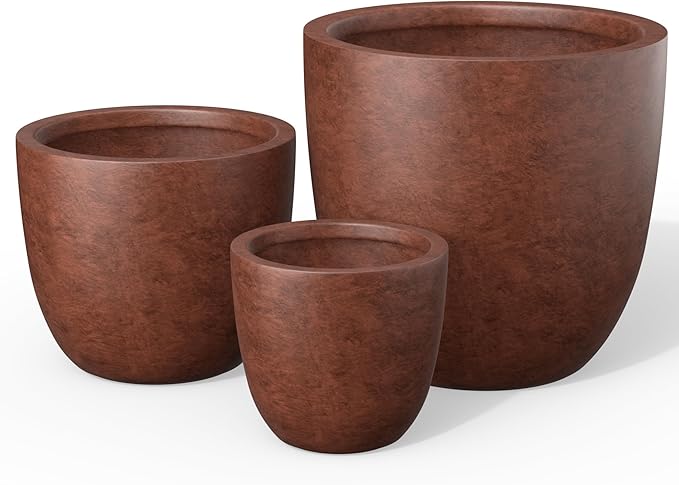 Kante 18",14",10" Dia Concrete Round Planters (Set of 3), Outdoor Indoor Large Planter Pots with Drainage Hole and Rubber Plug for Home Patio Garden, Rusty
