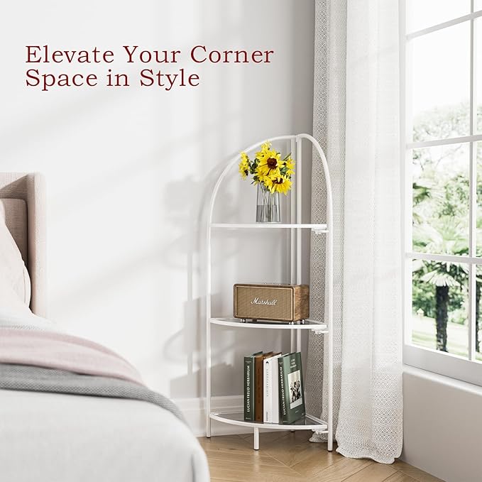 Crofy Foldable 3 Tier Corner Shelf, Metal Corner Plant Stand with White Frame and Transparent Shelves, Corner Display Rack Multipurpose Shelving Unit for Living Room, Bedroom, Bathroom