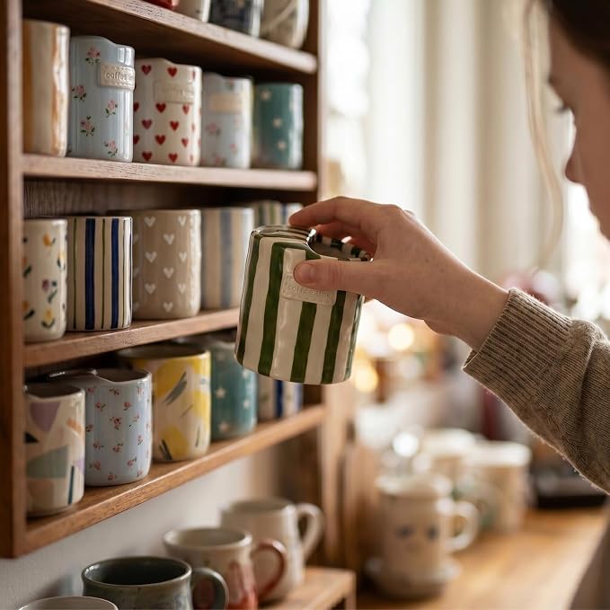 Ceramic Coffee Mug with Lid, Ceramic Travel Mug with Straw Hole, 12oz Retro Striped To Go Coffee Mug for Hot & Cold Drinks, Microwave & Dishwasher Safe,Green