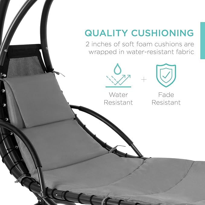 Best Choice Products Outdoor Hanging Curved Steel Chaise Lounge Chair Swing w/Built-in Pillow and Removable Canopy - Charcoal Gray