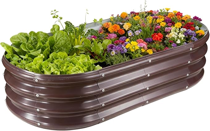 GOOZOO Galvanized Planter Raised Garden Bed, 4x2x1ft Raised Garden Bed Kit for Gardening Outdoor, Oval Metal Land Planter Box for Vegetables, Fruits, Flowers(Brown)