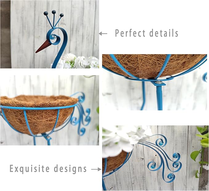 Metal Peacock Planter with Fiber Basket -Garden Bird Planters for Outdoor Indoor Lawn,Yard,Porch,Patio, Garden Decorations(Set of 2)