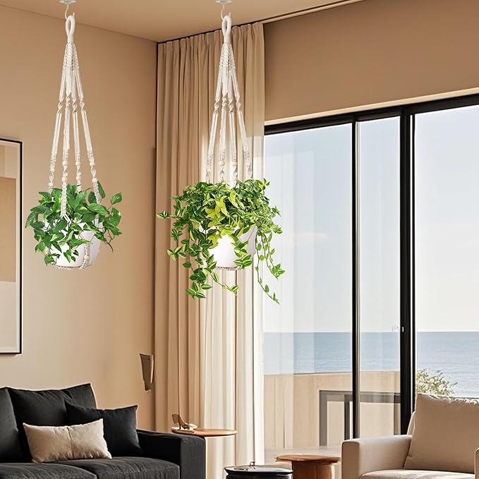 Macrame Plant Hanger Indoor Set of 2 with 4 Hooks, Indoor Outdoor Hanging Planter for Plants Holder with Decorative Wood Beads & No Tassels, Boho Home Decor, 35 Inch Ivory (Pots Not Included)