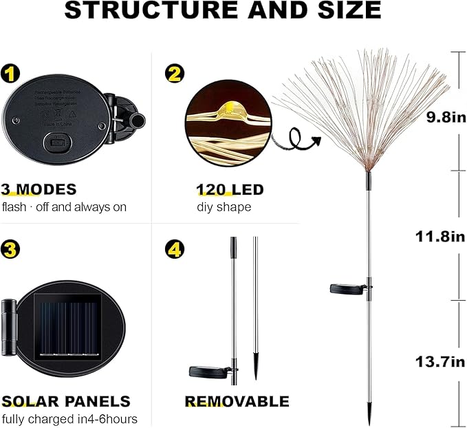 YOTOZU 4 PCS Solar Firework Light, Outdoor Solar Garden Decorative Lights 120 LED Powered 40 Copper Wires String DIY Landscape Light for Walkway Pathway Backyard Parties Perfect Gifts(Cool White)
