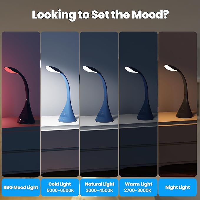 Modern Heavy Duty Bright LED Desk Lamp for Home Office, Wireless Charging, Touch Table Lamp, Adjustable Neck & Height, 5 Brightness Level, 3 Light Temps, 56 LEDs & 4 Years Lifespan (Gray)