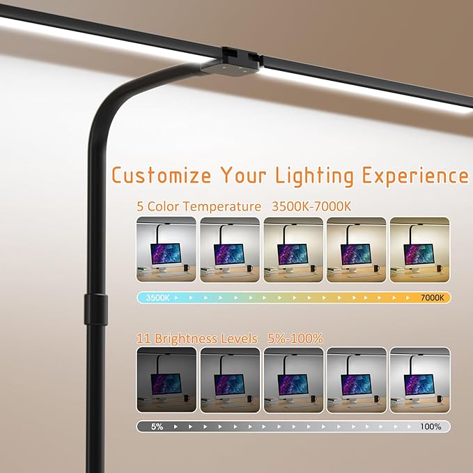 LED Desk Lamp for Home Office- 24W Double Head Desk Light with clamp, 5 Lighting Modes, 11 Brightness Levels, Adjustable Gooseneck Lamp with Timer- Black