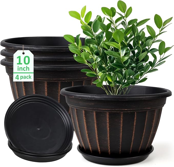 FGstyle 10 Inch Plants Pot,4 Pack Flower Pots,Planters Pot with Drainage Hole & Saucer,Modern Planters for Indoor Outdoor Plants,Decorative Resin Garden Pots for Outdoor Indoor Home Plants (Black)