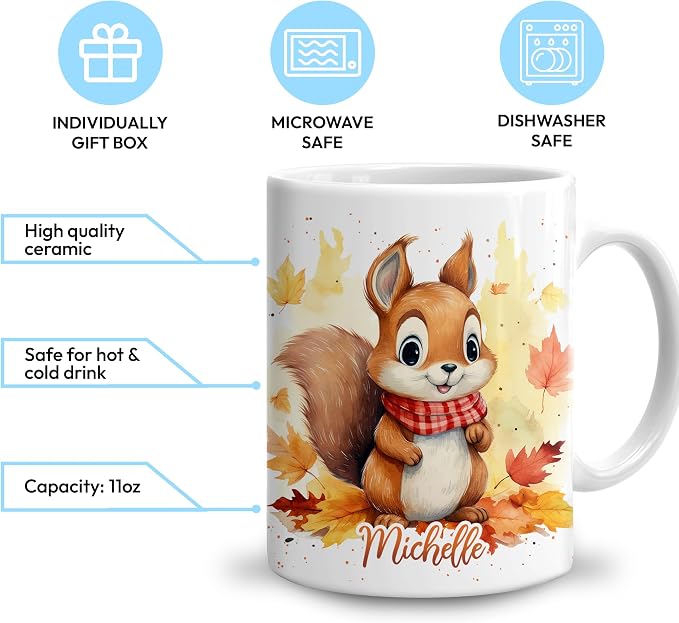 Hyturtle Personalized Fall Squirrel Coffee Mug, Fall Autumn Décor | Birthday Gifts For Squirrel Lovers - Unique Gifts For Farmhouse Thanksgiving - Custom Name 11oz White Ceramic Coffee Tea Mug
