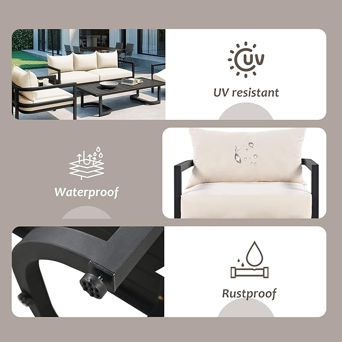 Merax 4 Piece Sectional Furniture Patio Sofa Multi-Person Outdoor Steel Sofa Set, Waterproof, Anti-Rust and Anti-uv, Suitable for Gardens and Lawns,Beige
