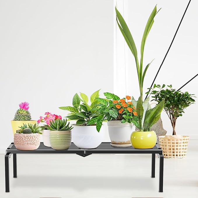 1 Tier Metal Plant Stand Indoor Outdoor, Potted Multiple Flower Pot Holder Rack Plant Shelf, Heavy Duty Planter Display Shelving for Patio Balcony Garden Living Room Decorative (Black)