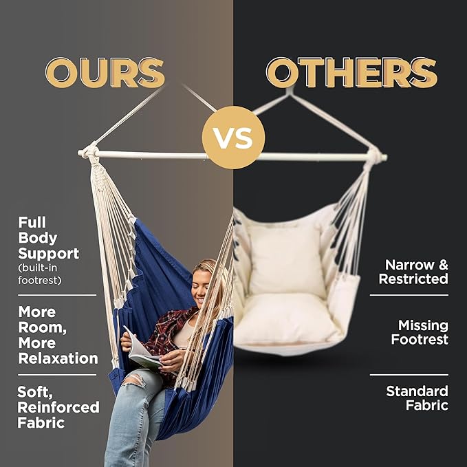Hanging Hammock Chair Swing – Hanging Chair Outdoor & Indoor - Hammock Swing Chair – Quick & Easy Setup with Hardware Kit – Durable & Spacious Full Body Support – Holds 440 Lbs