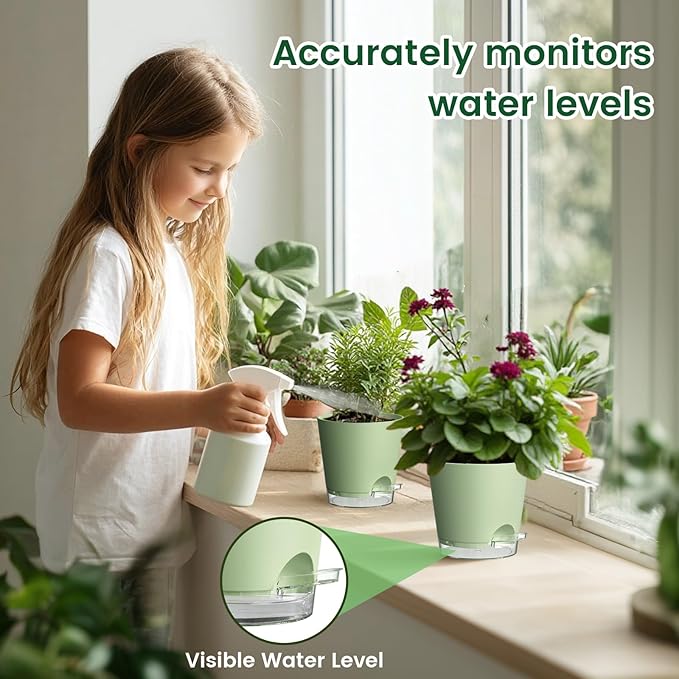 4 inch Self Watering Pots for Indoor Plants, 5 Pack Small Flower Plant Pots with Drainage Holes and Clear Reservoirs, Visible Water Level, Plastic Planters with Wicking Rope, Green