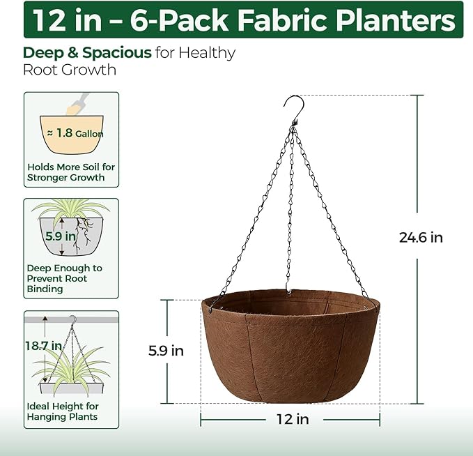 T4U Hanging Planters for Outdoor Plants, 12 Inch 6 Pack Fabric Hanging Baskets with Drainage Tray, Decorative Hanging Pots for Plants Outdoor Patio Porch Garden Use(Brown)