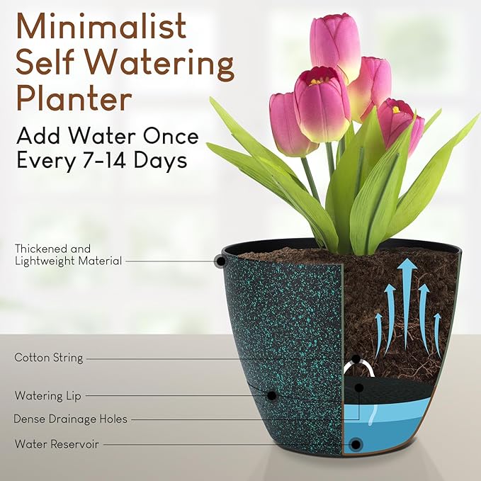 Plant Pots 10/9/8/7.5/7 inch, Self Watering Planters with Drainage Holes & Saucers for Indoor and Outdoor Plants (Green Speckles)