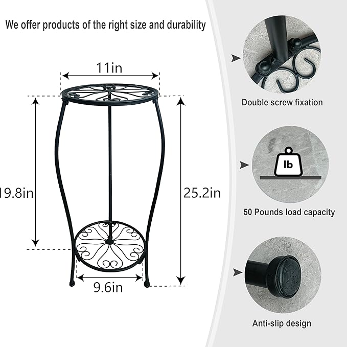 2 Pack 25.2 inch Metal Plant Stand Rack for Round Flower Pot, 2 Tier Potted Holder Indoor Outdoor Rustproof Wrought Iron Heavy Duty Planter Shelf for Corner Living Room Balcony Garden Patio, Black