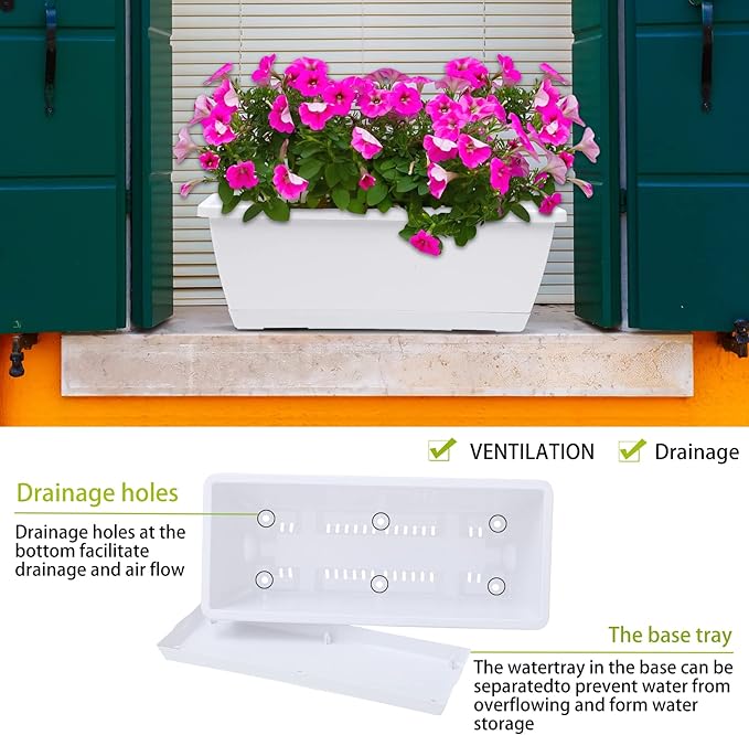 Window Box Planter, 7 Pack Plastic Vegetable Flower Planters Boxes 17 Inches Rectangular Flower Pots with Saucers for Indoor Outdoor Garden, Patio, Home Decor (White)