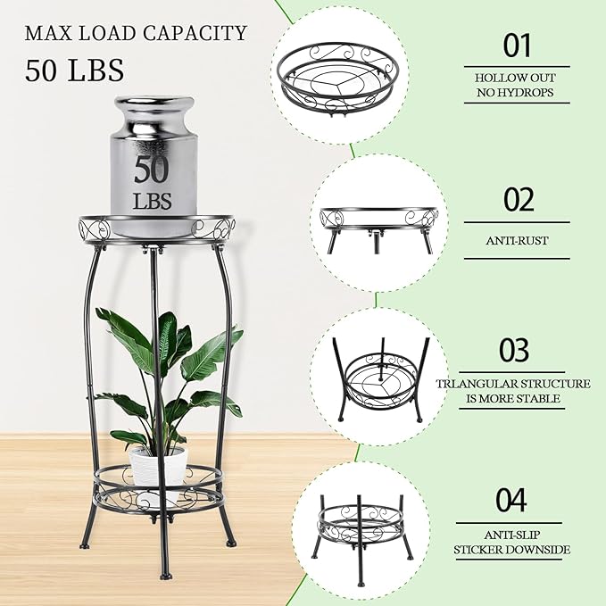 Plant Stand Indoor Outdoor,Tall Black Metal Rustproof Stable Plant Stands,2 Tier 27.1 inch (2PS-Iron)