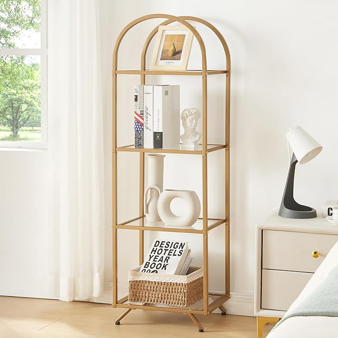 HOMBAZAAR Bookshelf,4-Tier Modern Bookcase,Book Shelf with Tempered Glass,Tall Bookshelf for Home Office, Bedroom and Living Room,Gold.
