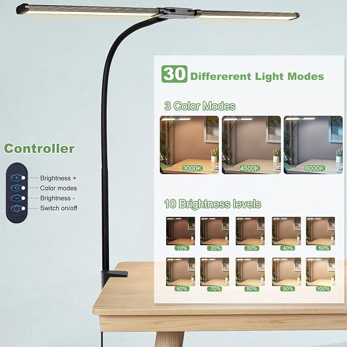 Desk Lamp for Office Home - LED Reading Light 160 LEDs with Clamp Table Lamps Eye-Caring Study Clip on Lights 3 Modes & Stepless Dimming Double Head Computer Lighting for Home, Office and Bedroom