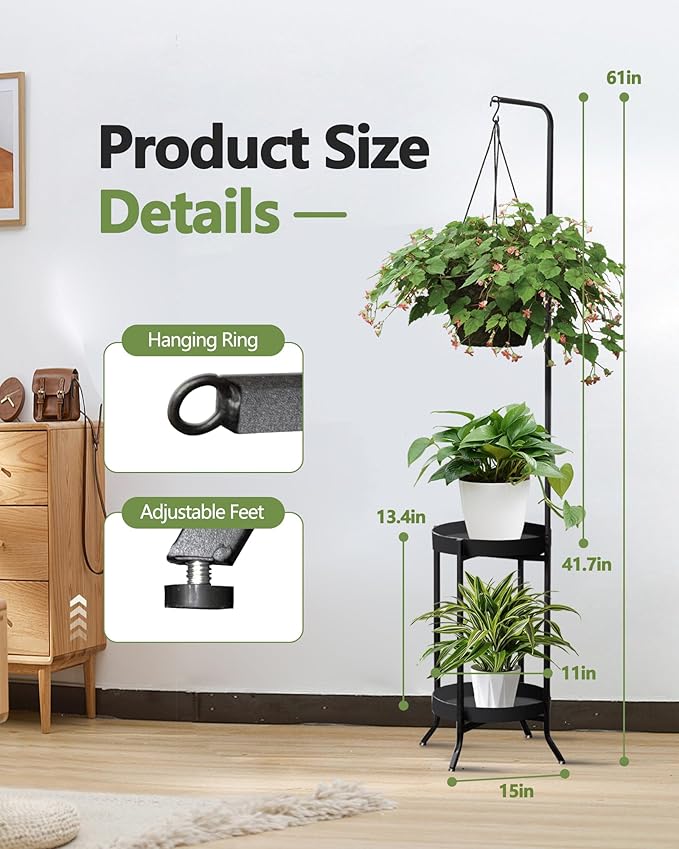 Hanging Plant Stand Indoor Outdoor, Space-Saving Corner Metal Plant Shelf 3 Potted Flower Pot Stand, 2 Tier 61" Tall Modern Planter Holder for Patio Garden Balcony Living Room Bedroom, Black