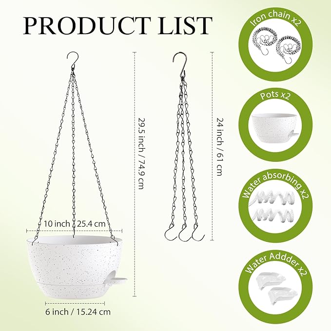 10 Inch Hanging Baskets 2 PC with Chains, Self-Watering Hanging Planters for Indoor Outdoor Plants, Plastic Hanging Flower Pots,Speckled White