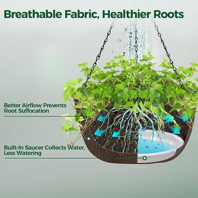 T4U Hanging Planters for Outdoor Plants, 12 Inch 6 Pack Fabric Hanging Baskets with Drainage Tray, Decorative Hanging Pots for Plants Outdoor Patio Porch Garden Use(Brown)