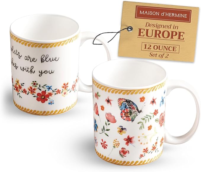 Maison d' Hermine Coffee Mug with Handles Tea Cups (12 Ounce, Pack of 2) | Fine Bone China Coffee Mugs for Hot Beverages Cappuccino Latte Home Restaurant Hotel Spring Summer -Happy Florals - Sweety