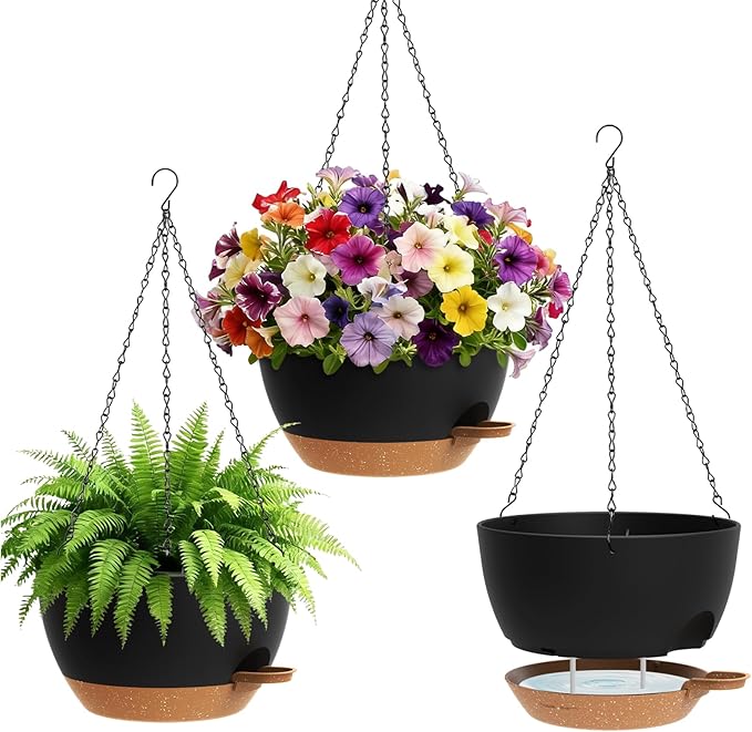 Set of 3-10 Inch Self Watering Hanging Planters for Indoor Outdoor,Hanging Plant Pots with Drainage & Removable Tray, Hanging Pots Holder for Ivy, Pothos, Ferns, Balcony & Patio, Black with Brown