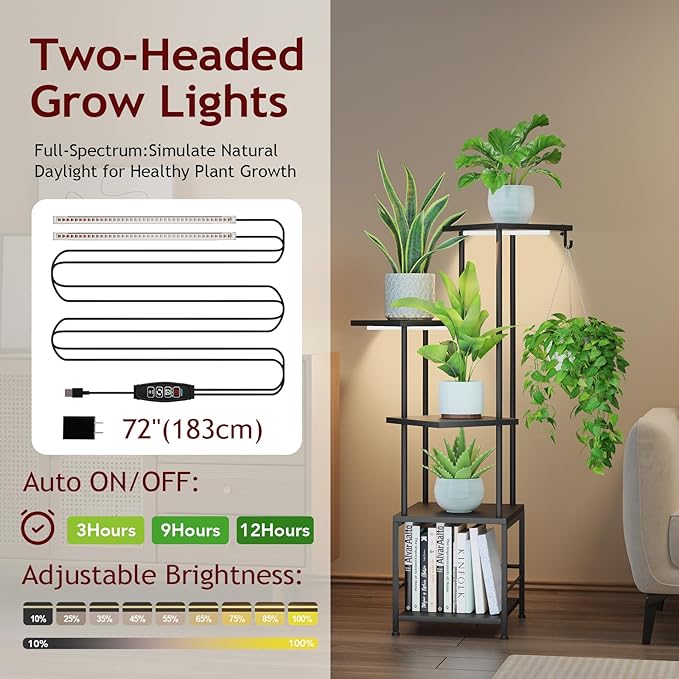 Plant Stand Indoor with Grow Light, 5-Tiered Tall Plant Stand Indoor, Metal Plant Shelf with Hanging Basket Hook and Adjustable Light, Ideal for Living Room, Garden, Patio (Black )