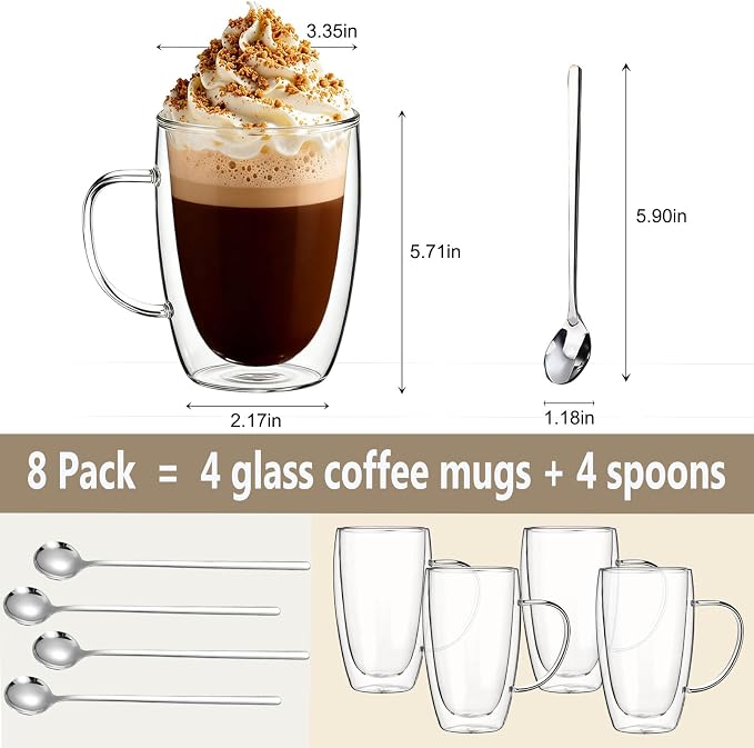 DINGPAI 15 oz Double Walled Glass Coffee Mugs, Large Coffee Mug with Handle | Borosilicate Glass, Insulation, Dishwasher Safe, Clear Glass Cups with Spoon for Latte, Cappuccino, Espresso, Americano