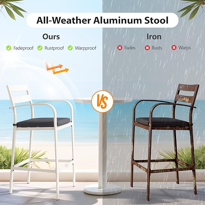 VINGLI Outdoor Bar Stools Set of 2, All-Weather Bar Height Aluminum Stools with 1.6" Thick Cushion, Rust-Proof Patio Chairs for Backyard, Poolside, Balcony & Kitchen Island (White)