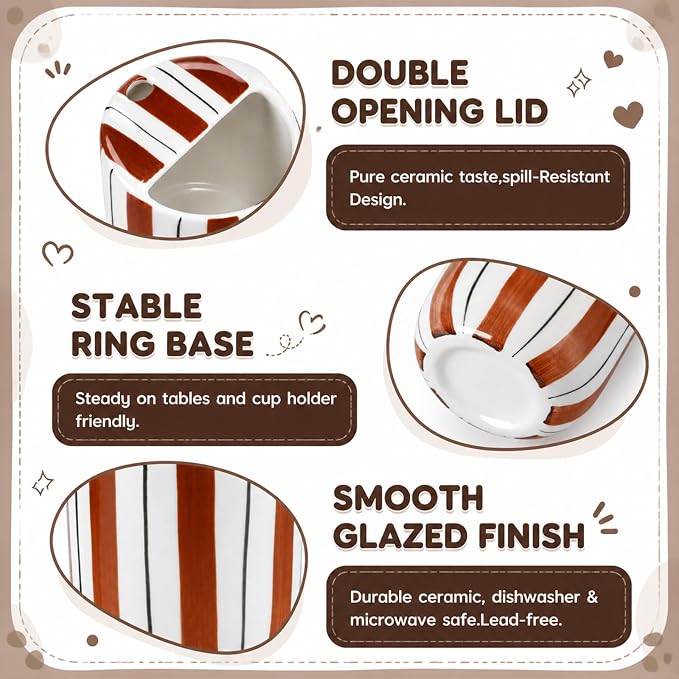 1 Pcs Ceramic Mug with Sip Hole 10 oz Novelty Brown Black Striped Coffee Mug Hand Painted Ceramic Cup Heat Resistant Non Slip Built in One Lid Handcraft Mugs for Coffee Lovers Gift