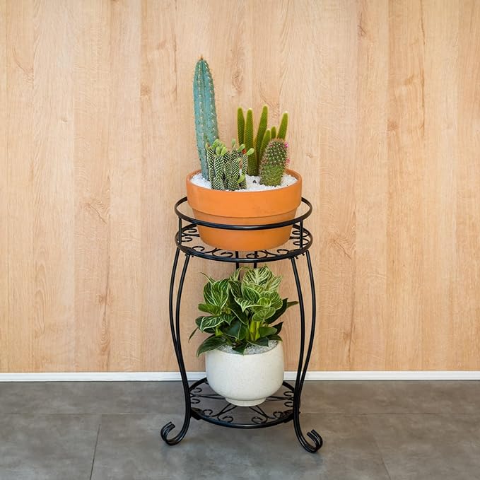 FaithLand Plant Stand, Heavy Duty Metal Planter Holder Indoor Outdoor, 2 Tier Round Potted Supports Rack, Corner Display Shelf Black