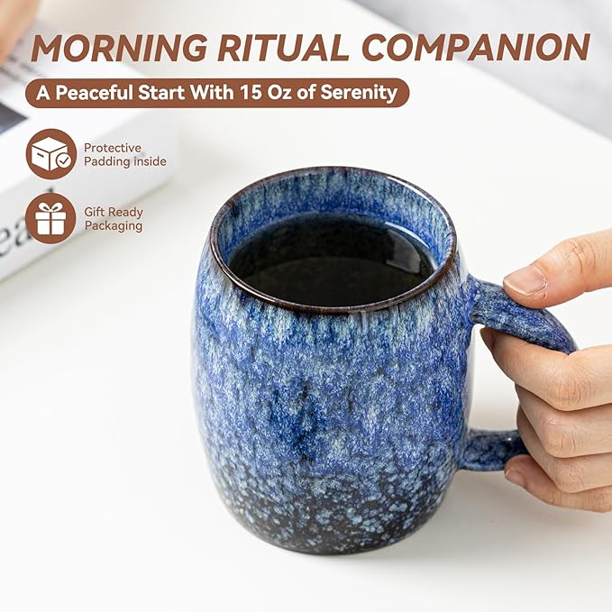 Sakura Blue Reactive Glaze Ceramic Coffee Mug - 14 oz Unique Mug with Ergonomic Handle, Large Ceramic Mug for Coffee, Tea, Milk - Great Birthday Gift for Women, Men, Friends, Home & Office Use