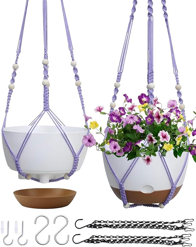 2 Pack Hanging Planters Set,10 Inch Indoor Outdoor Hanging Plant Pot Basket,Hanging Flower Pot with Drainage Hole with 3 Hooks for Garden Home(Purple Hanger White Planters)