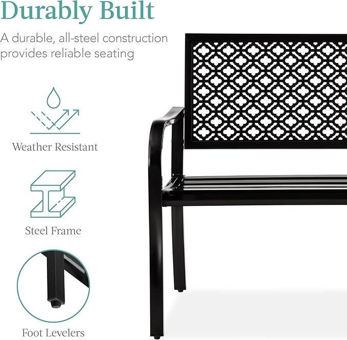Best Choice Products Outdoor Bench 2-Person Metal Steel Benches Furniture for Garden, Patio, Porch, Entryway w/Geometric Backrest, 790lb Capacity – Black