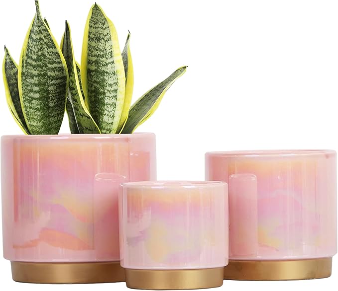 Gepege Pink Indoor Plant Pots for Plants, Ceramic Planter with Drainage Hole, 6.0 inch+5.0 Inch+4.0 Inch. Succulent Orchid Flower Pot - Rainbow Pearl Glaze