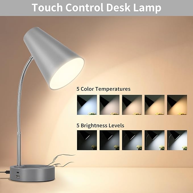 RUNTOP Desk lamp, Eye-Caring Table Lamps, 360°Rotation Gooseneck Lamp Reading Light Portable Reading Book Light, Desk Light, Study Desk Lamps for Bedroom and Office Home Lighting (Gray)