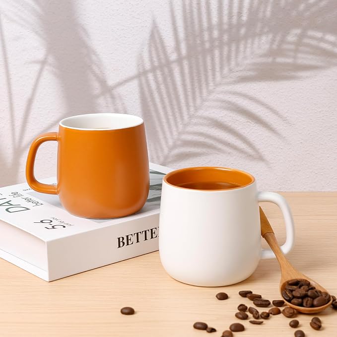 Ceramic Mug Set Porcelain Coffee Cups Set, Special Glaze Tea Cups Mug with Handle for Tea Latte Coffee Milk, Microwave Dishwasher Safe (White and Maple Brown)