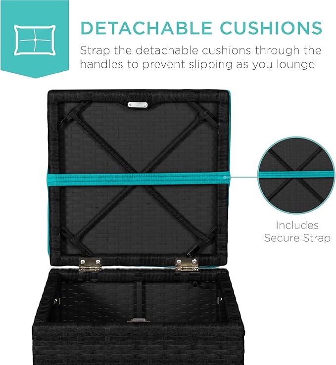 Best Choice Products Set of 2 Wicker Ottomans, Multipurpose Outdoor Furniture for Patio, Backyard, Additional Seating, Footrest, Side Table w/Storage, Removable Cushions - Black/Teal