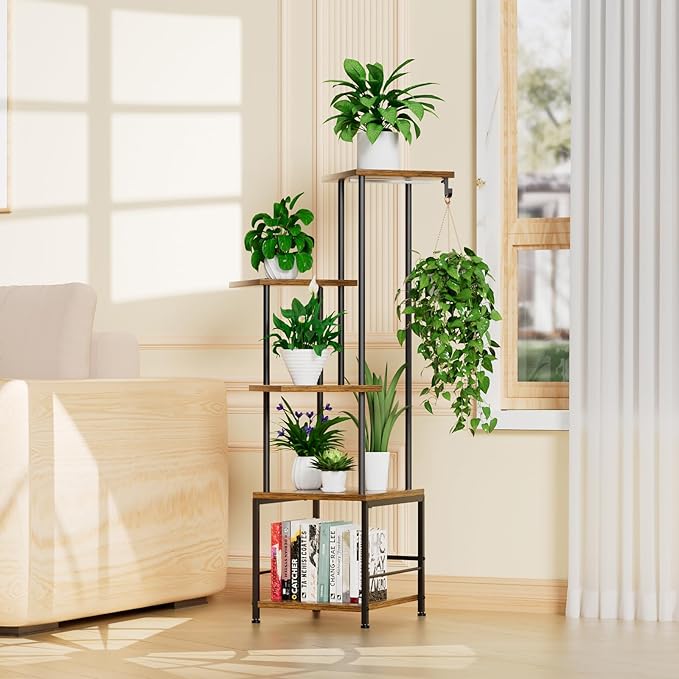 Plant Stand Indoor with Grow Light, 5-Tiered Tall Plant Stand Indoor, Metal Plant Shelf with Hanging Basket Hook and Adjustable Light, Ideal for Living Room, Garden, Patio (Black Brown)